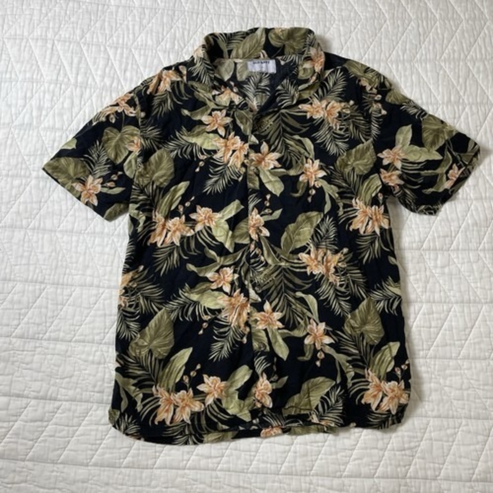 Men's Old Navy Black Tropical Floral Hawaiian Button-Up Short Sleeve Shirt M